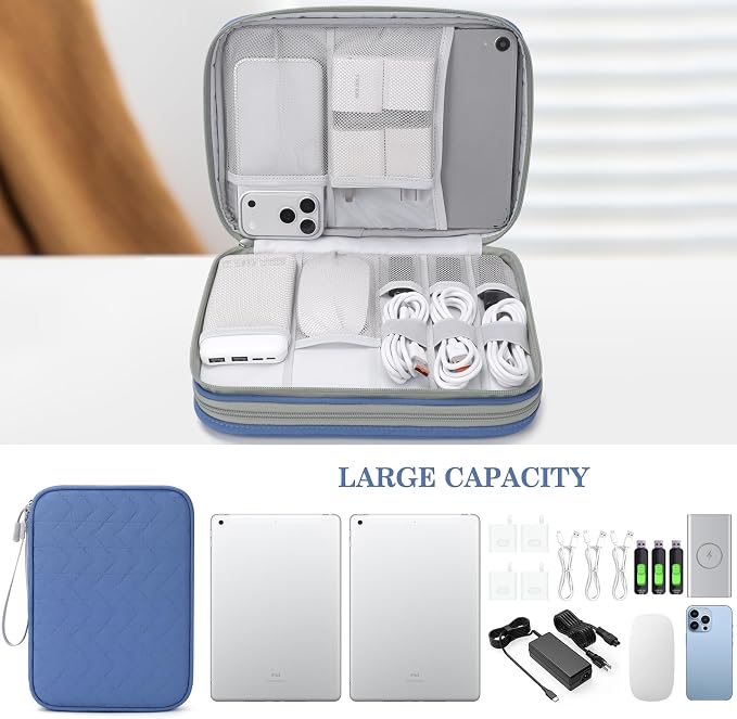 FYY Electronic Organizer, Travel Tech Pouch Bag, Extra Large, Blue Quilted | Wrist Strap, Waterproof, Double Layers Electronics Travel Case for iPad, Cord, Laptop Charger, Daily and Business Trips Use - Image 6