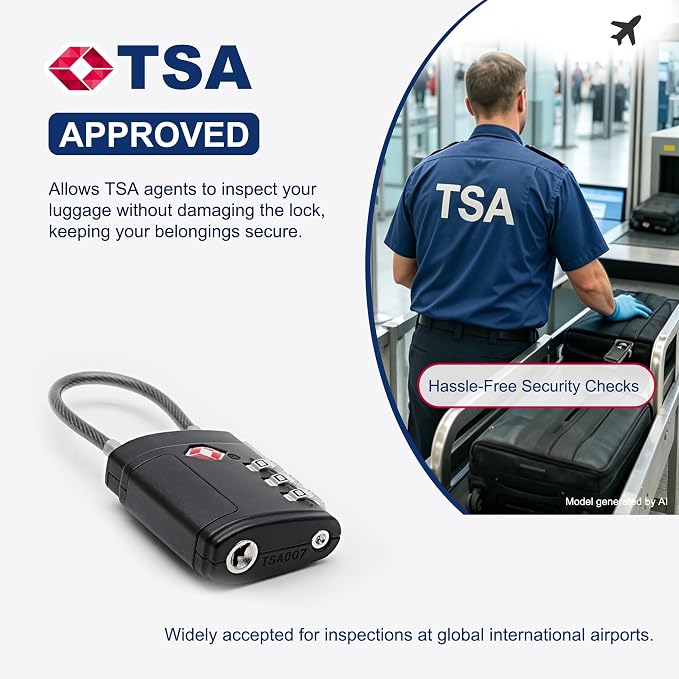 TSA Locks for Luggage, Small Padlock Combination, Luggage Locks TSA Approved, Combo Padlocks with Cable for Suitcase, Gym Locker, Backpack, Gun Case, Bag Zipper, Tool Box (Black+Black) - Image 3