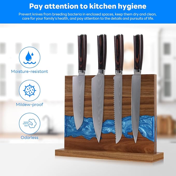 Magnetic Knife Block | Double Sided Magnetic Knife Holder | Acacia Wood Magnetic Knife Rack | Magnetic Knife Storage Stand for Kitchen Counter, Blue Resin River, 12.59×9.84IN (No Knife) - Image 7