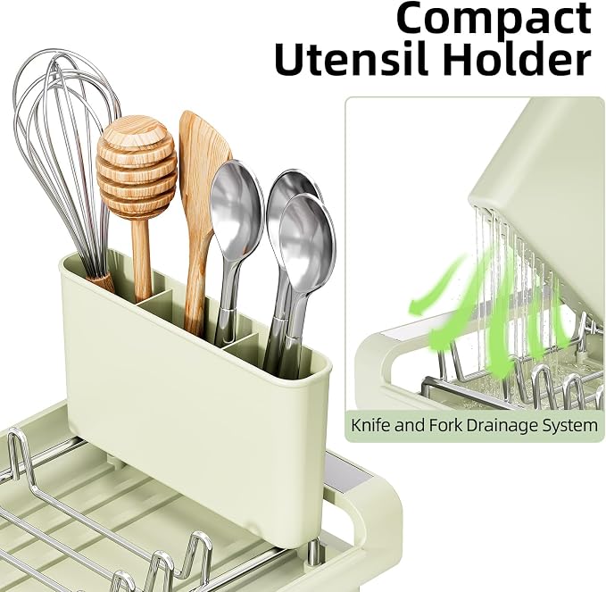 TOOLF Small Dish Drying Rack, Expandable and Space-Saving, Grayish Green | Mini Dish racks for kitchen counter, Compact Design Fits Sink or Counter, Stainless Steel Plate Rack, 11"-19.3"L×7.7"W×3.54"H - Image 5