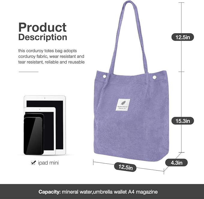 LHMTQVK Corduroy Tote Bags for Women, Large Capacity Tote Purse Reusable Grocery Shoulder Bag with Inner Pockets - Image 3