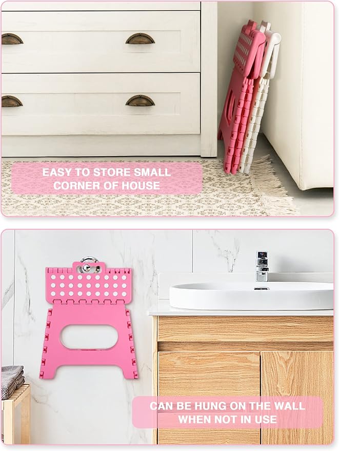 Dyforce Kids Step Stool 11 Inch, 300lbs Folding Step Stool for Adults | Toddler Step stool Pink,Anti-slip Heavy Duty with Carry Handle, Lightweight Foldable Stool for Bathroom Kitchen Bedroom - Image 2