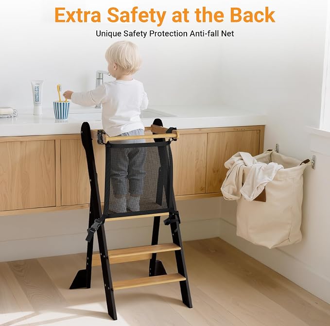 COSYLAND Foldable Toddler Kitchen Stool Helper - Height Adjustable Standing Tower for Bathroom Sink or Kitchen Counter - Step Stool for Toddlers Ages 18 Months to 6 Years Black & Natural | Folding 2-level Height Stand Tower, kids 18M-6Y, 70% pre-assemb... - Image 7