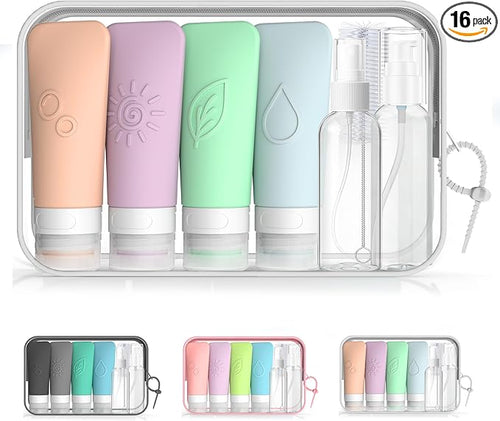 16-Piece Silicone Travel Bottles Set – TSA Approved Leakproof Toiletry Kit with Flat Easy-Squeeze Bottles, Pump & Spray, Waterproof Bag | 16-Piece Silicone Bottles Set,TSA Approved Leakproof,Easy-Squeeze Bottles,Come with Pump,Spray bottles and Waterpr... by KLKE