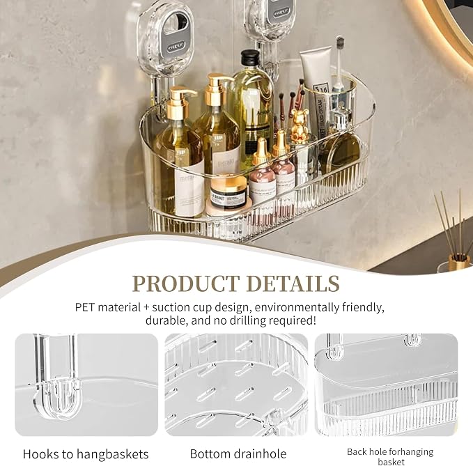 No‑Drill Wall Mount Large Storage Box with Wave‑Grip Suction Cups | Transparent PET construction.Tool‑free spacious wall caddy for cosmetics & toiletries bathroom storage - Image 2