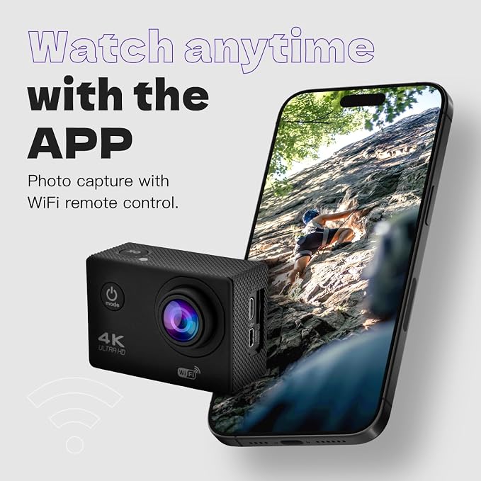 4K UHD Sports Camera 64GB Included, WiFi Action Camera, 100 feet Waterproof, 160 Degree Wide Angle, Remote Control, 2 Batteries, 2.0'' LCD with Mounting Accessories Kit, JS-07B, Black - Image 9