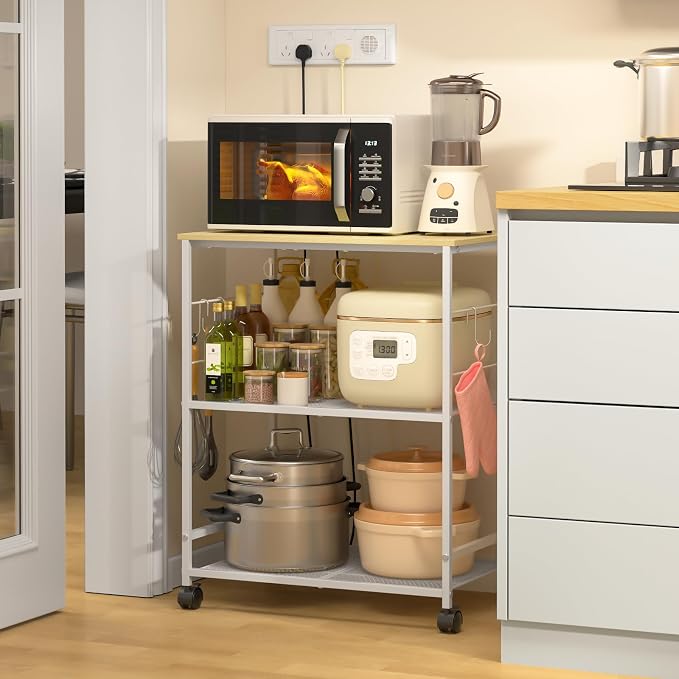 ThreeHio Rolling Kitchen Microwave Cart, 3 Tier Microwave Table Stand with Storage, Kitchen Utility Cart on Lockable Wheels, Small Coffee Station Shelf Rack Organizer for Living Room Office, Balcony - Image 2