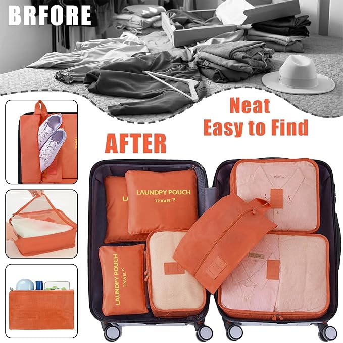 7 Set Packing Cubes for Travel Luggage Packing Bags Reusable Waterproof Suitcase Organizer Bags Set with Shoe Bag and Toiletry Bag (Orange) - Image 7