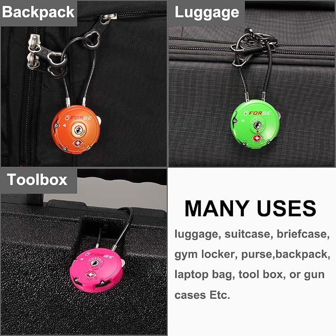 Forge Quality TSA Approved Luggage Locks for Travel Accessories, Suitcase, Pelican case, Ammo Boxes, Set Your own Combination, Zinc Alloy Body-Cable Black 2 Locks - Image 5