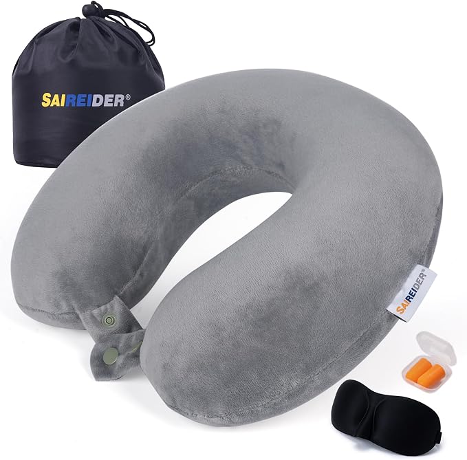 SAIREIDER Airplane Pillow 100% Memory Foam Neck Pillow for Airplanes Flight Rest Best Adjustable Travel Neck Support Pillows-Prevent The Heads from Falling Forward (Grey) by SAIREIDER