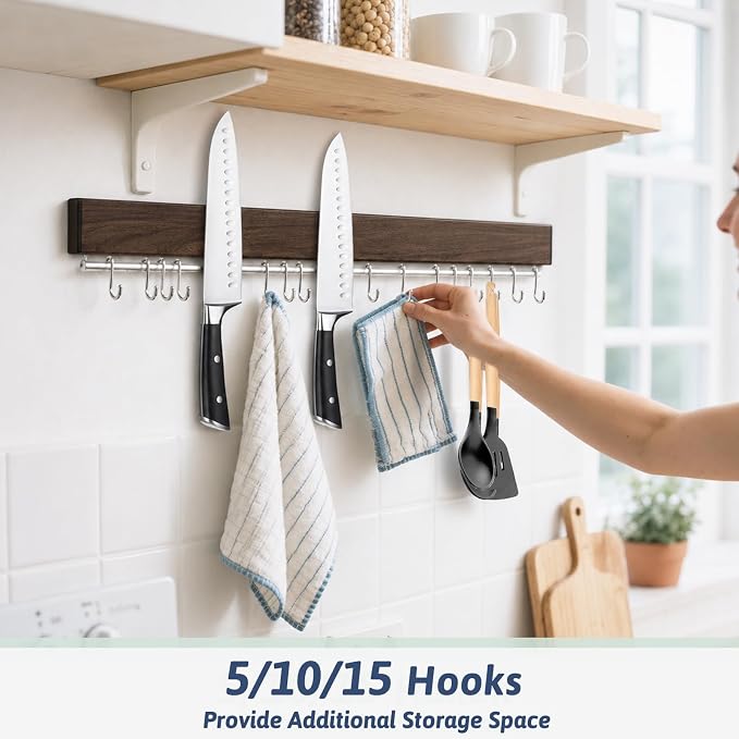 23 Inch Magnetic Knife Holder for Wall - Stainless Steel Magnet Knife Strip No Drill with 15 Hooks/Adhesive Tape/Screws, Wall Mounted Kitchen Utensil Holder, Walnut-Finish Magnetic Knife Organizer - Image 4