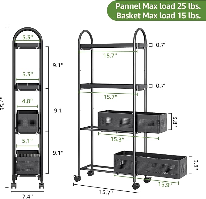 KINGRACK 4 Tier Slim Rolling Cart with Drawer, Metal Utility Storage Cart | 2 Pull-out Baskets, Lockable Wheels, Narrow Space Trolley Organizer for Bathroom, Kitchen, Office, Dorm, Laundry Room, Black - Image 2