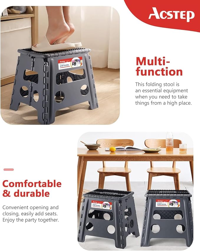 13" Folding Step Stool- Holds up to 300Lb,The Lightweight Non-Slip Upgrade Collapsible Stepping Stool is Sturdy Enough to Support Adults and Safe Enough for Kids(Grey,1 Pack) | Heavy Duty Portable Collapsible Foot Stepping Stool, Holds 300 lb for Kitch... - Image 5