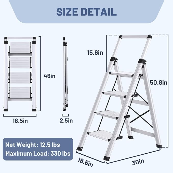 4 Step Ladder, Aluminum Folding Stool with Retractable Handgrip | 330 lbs Heavy Duty | Lightweight | Removable Tool Tray | Non-Slip Pedals | Slim Fold for Kitchen, Garage, Library & Closet - Image 6
