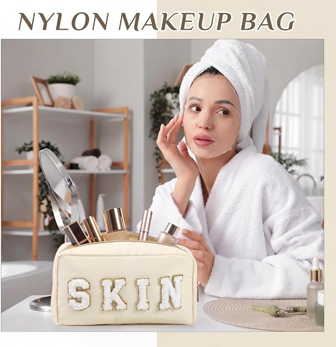 Preppy Makeup Bags Chenille Letter Stuff Bag Nylon Cosmetic Pouch Cases with Zipper for Women Travel Toiletry(Soft Pastel,Classic,4 Pcs) - Image 5