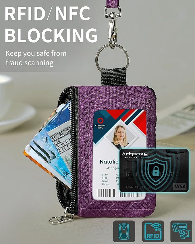 Artpaxy Minimalist Wallet For Mens Womens, Keychain RFID Blocking Zipper Small Wallet with ID Window 2 Lanyards,Water Resistant Travel Cash Card Coin Case Boys Girls - Image 6