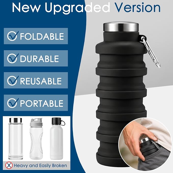 4 Pack Collapsible Water Bottles, 16oz Portable Reusable Silicone Water Bottle, Foldable Water Bottles for Travel Gym Camping Hiking, Leak Proof Sports Water Bottle with Carabiner (Deep Color) - Image 4