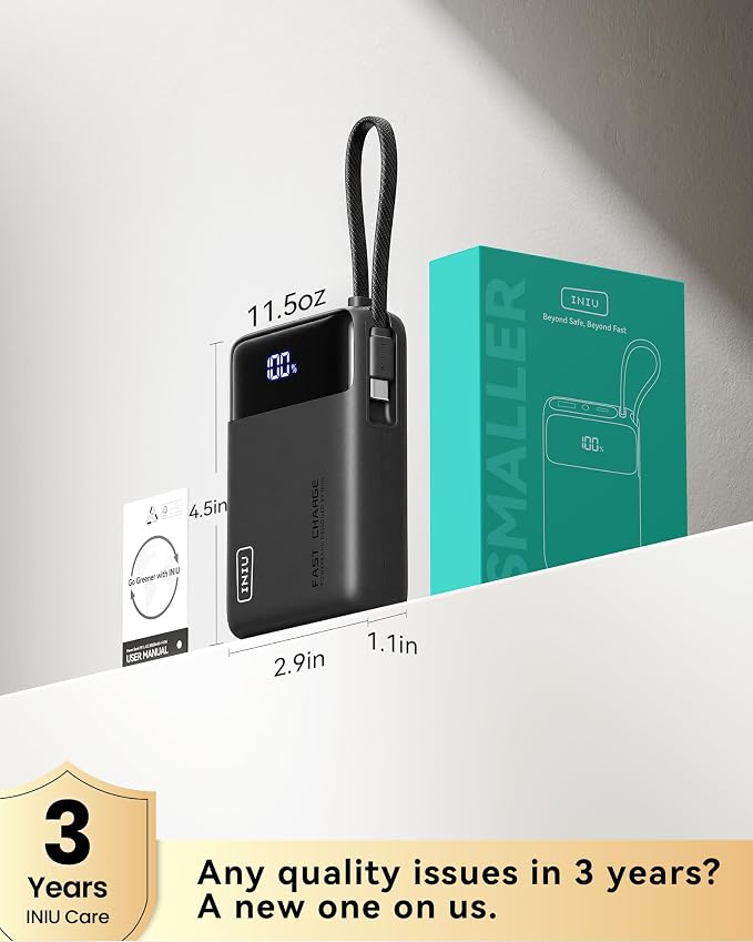 INIU 20000mAh Portable Charger, Smaller 45W Fast Charging Travel Power Bank | Flight-Safe, Built in USB-C Cable, Travel Essential, Battery Phone Pack for iPhone 17 16 Pro, Samsung S26, iPad etc - Image 7