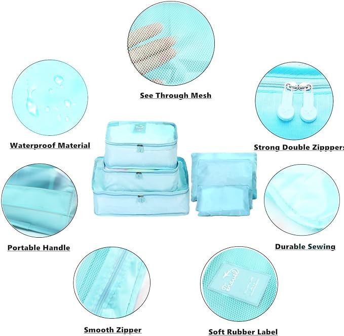6 PCS Travel Luggage Organizer Bags, Packing Cubes Compression, Storage Bags Organizers, Laundry Pouches for Backpack Suitcases Clothes Underwear (Light Blue) - Image 4