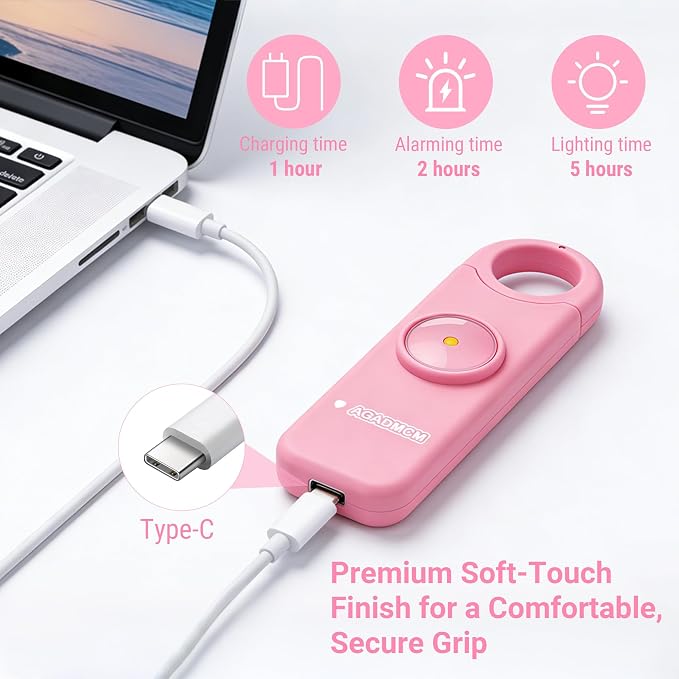Rechargeable Personal Safety Alarm for Women | 130dB Loud Siren & Strobe Light & Low Battery Notice, Emergency Keychain Alarm for Self Defense (Baby Pink) - Image 6