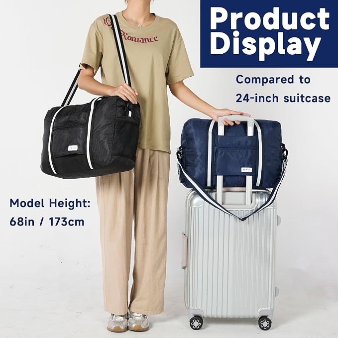 Carry On Travel Bag, Lightweight Foldable Packable Tote Bag 25L | Water Repellent, Expandable Travel Duffle with Luggage Sleeve and Shoulder Strap for Men Women - Image 2