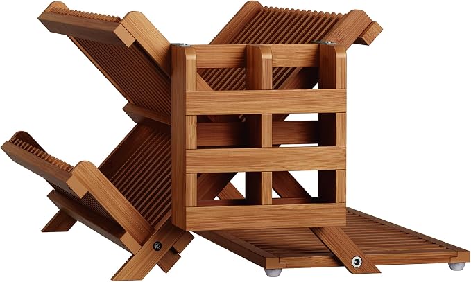Greenual Teak Dish Drying Rack with Utensil Holder, 3 Tier Collapsible Dish Rack, Wooden Dish Racks for Kitchen Counter, Large Folding Drying Holder with Absorbent Dish Drying Mat - Image 7