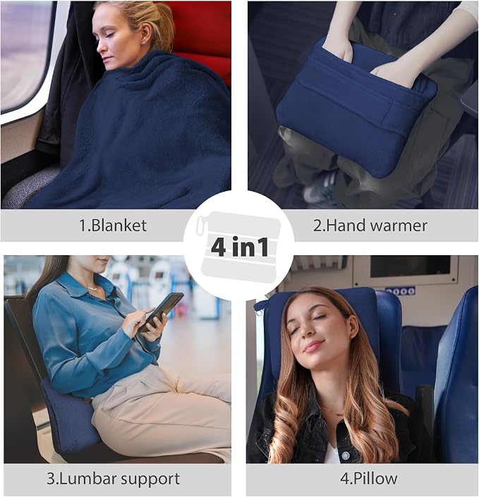 DEZ FURNISHINGS 4-in-1 Travel Compact Blanket Pillow Super Soft Velvet with Luggage Sleeve and Backpack Clip, Navy, 60" W x 45" H - Image 5