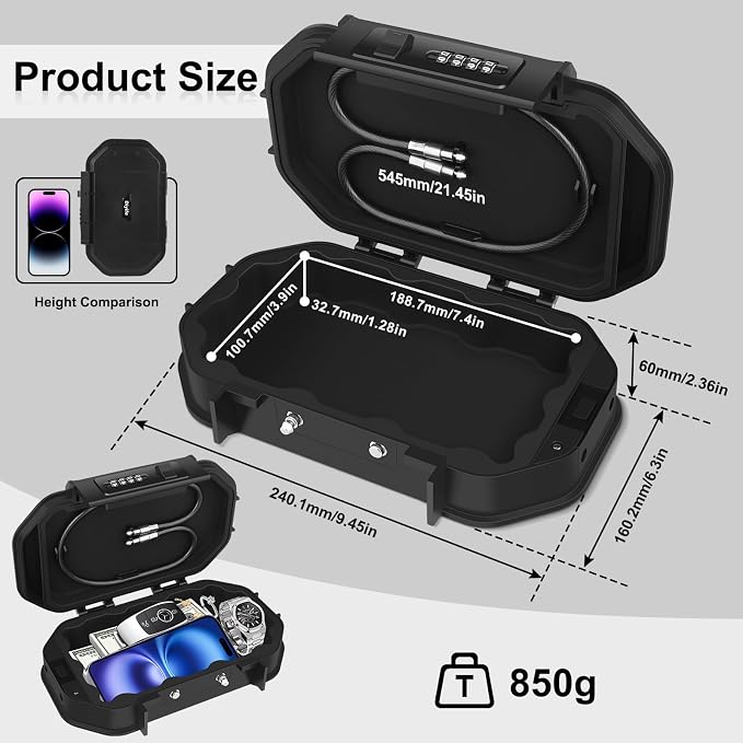 Diyife Portable Safe Box, [Waterproof] Travel Safe Lock Box with Code | 4 Digit Combination Lock Anti-Theft Lock Box with Removable Chain, Portable Lockbox for Beach Outdoor Dorm Hotel Home - Image 2