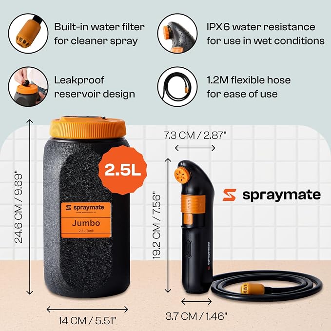 Portable Bidet for Travel & Camping – Electric High Pressure Rechargeable Bidet for Women & Men | 2.5L Bottle | 1300ML/Min Flow | USB-C | 1600mAh Battery | USA Brand – Spray Mate Jumbo (Black) - Image 2