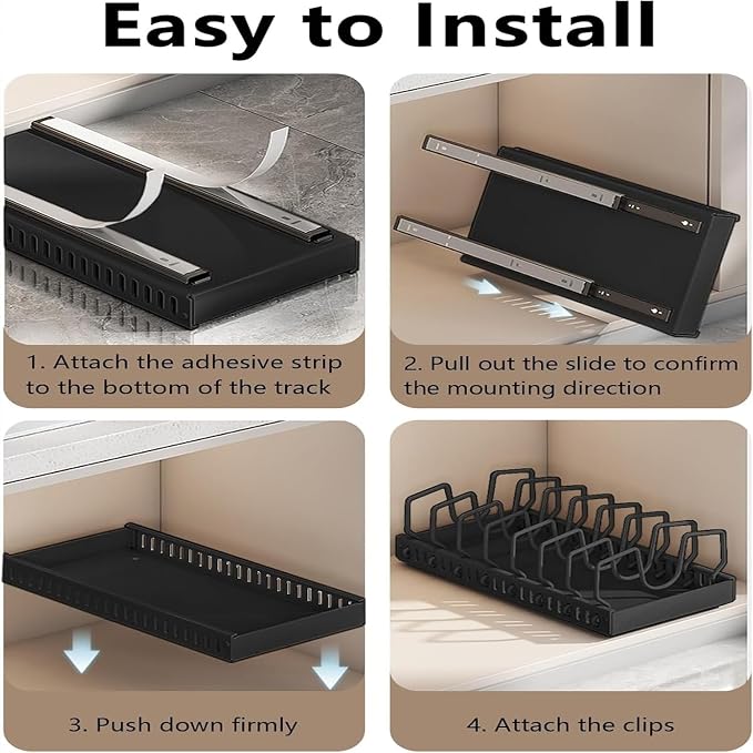 AmoiChic 2 Pack Pull Out Cabinet Organizer for Pots and Pans, Black Storage Rack with 8 Adjustable Dividers, Kitchen Cabinet Organizer for Pot Lids, Bakeware, Dishes Storage - Image 9