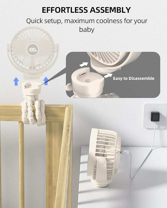 Portable Stroller Mini Fan, Small Rechargeable Personal Fan, Travel Essentials for Baby, Wagon, Car Seat, Treadmill, Battery Powered Biking Gear Accessories, 360° Rotation, 3-Speed, Display, Beige - Image 6