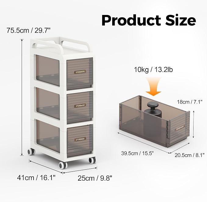 Bathroom Storage with Drawers, 9.8" Wide Slim Cabinet with Wheels | Freestanding Narrow Cupboard, Small Cart for Small Space Kitchen Office Bedroom Under Desk, 29.5" Tall, 3-Drawer, Gray - Image 2