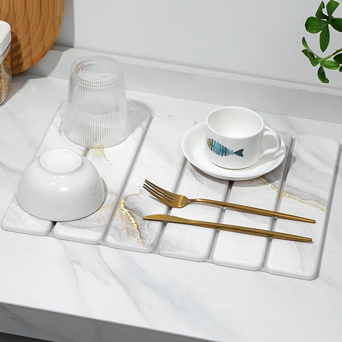 Small Stone Dish Drying Mat for Kitchen Counter, 15.7"×12" & 8"x4" Quick Dry Stone Mats, Foldable Water Absorbing Diatomaceous Earth Drying Dish Pad for Countertop Bottles Utensils Cup(Gold White) - Image 8