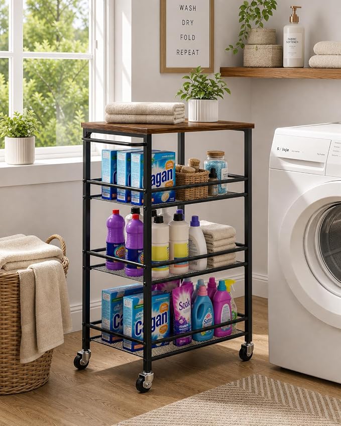 Pipishell Metal 4 Tier Laundry Storage Cart with Wheels, Handle & Wood Top | 10.83" Wide, Larger Storage Spaces, Rust-Resistant Steel, Ventilated Mesh, Anti-Fall Crossbars, 44 lbs Weight Capacity - Image 2