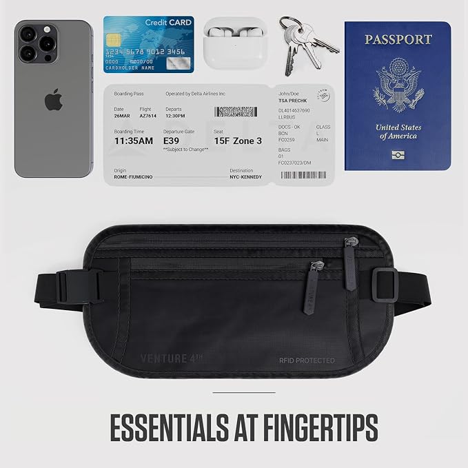 VENTURE 4TH Travel Money Belt, RFID Blocking Passport Holder - Sleek Black - Image 7