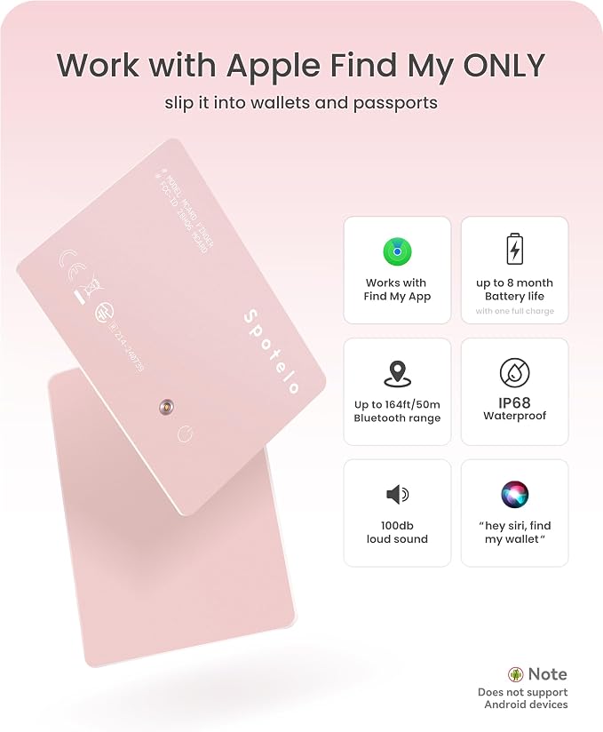 [ Apple Mfi Certified ] Wallet Tracker Card Works with Apple find My(iOS Only) Tracking Card, Rechargrable Smart Tracker, 1.7mm IP68 Waterproof Item Locator for Luggage, Passport, Bags-Pink - Image 2