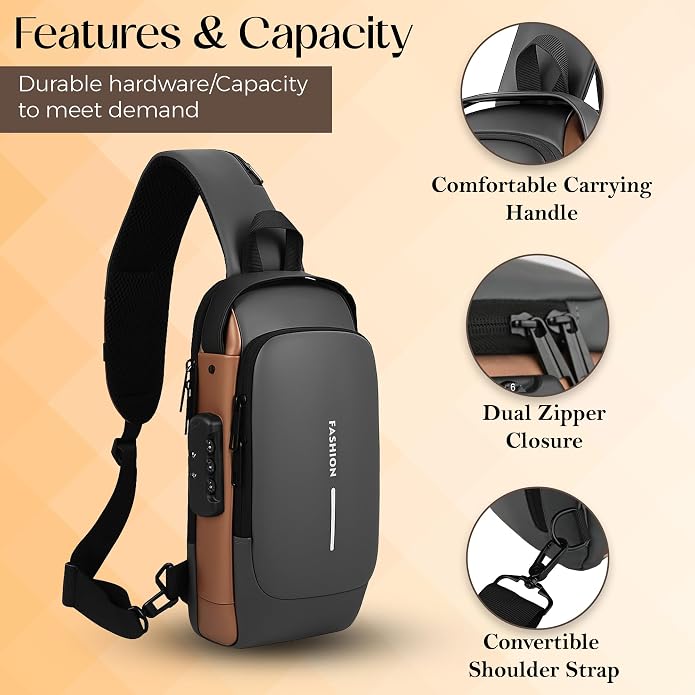 Unisex Anti-Theft Sling Bag with USB Port, Water-Resistant Crossbody Chest Backpack for Travel & Work - Image 4
