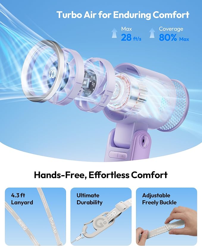 Gaiatop Portable Handheld Turbo Fan, 15 Hrs Cooling, 180° Foldable 4-in-1 Hand Held Fans, 6-Speed (1-100) Personal Mini Handheld Fans, Small Portable Fan for Travel Working Outdoor, Women Gifts Purple - Image 7