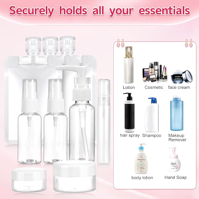 9-Pack Travel Bottles Set, Leak-Proof Refillable Containers with Clear Zipper Bag for Toiletries, Skincare, Shampoo, Lotion TSA Approved Mini Makeup Cosmetic Organizer Pouchfor Women Travel Essentials - Image 2