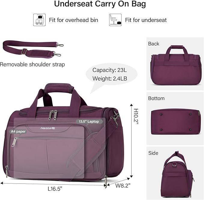 Hanke Small Underseat Carry On Luggage Bags for Travel with 10 Pockets. | Airline Approved Foldable Personal Bag w/ Luggage Sleeve; Tote Duffle & Bento Bag, Flight Attendant Weekender for Men & Women - Image 2