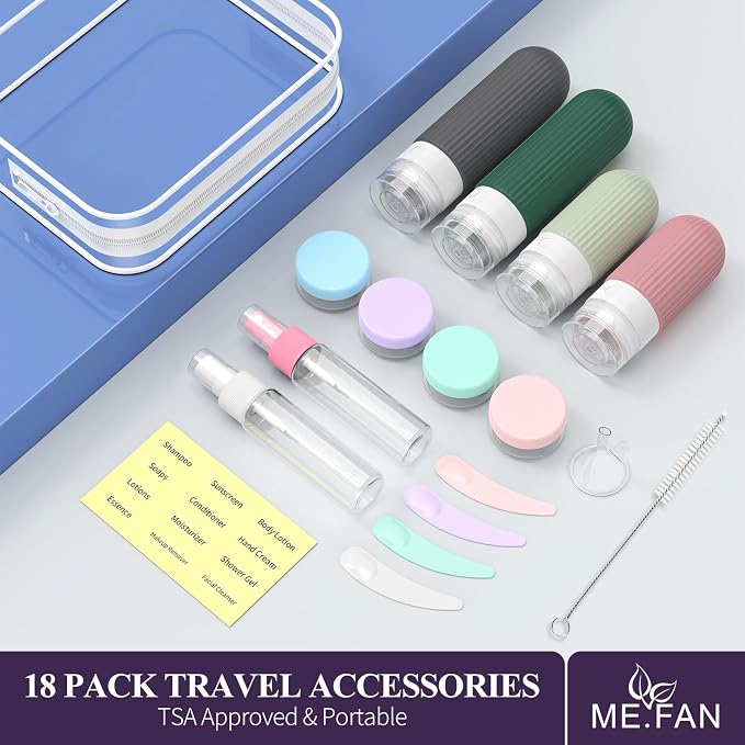 ME.FAN Travel Bottles for Toiletries,18 Pack Silicone Portable Size Bottle, TSA Approved Refillable Cosmetic Container Kits for Conditioner, Shampoo, Lotion,Face Cream - Morandi - Image 6