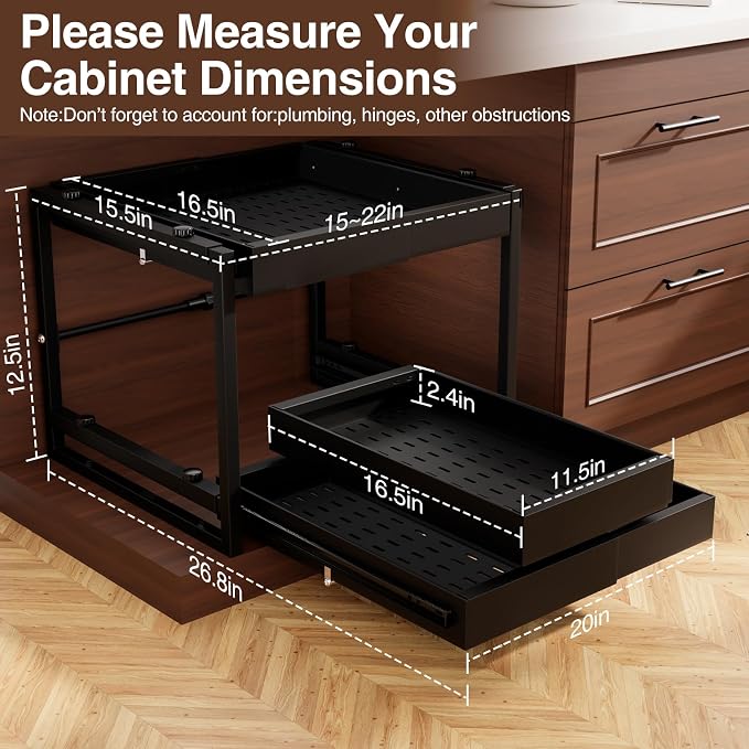 2-Tier Expandable Pull Out Cabinet Organizer, Heavy Duty Adjustable Width Metal Slide Out Shelf, No Screw Cabinet Storage Rack for Kitchen Bathroom 17in Depth Cabinet（Black） - Image 2