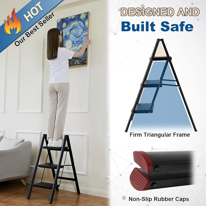 Double Elite Folding 3 Step Ladder, Sturdy 330 Lbs Load Small Step Stool for Adults, Safer Full Steel Multi-use Kitchen Ladder for Home, Closet Step Stool Ladder with Wide Pedals, Black, 3-Step - Image 2