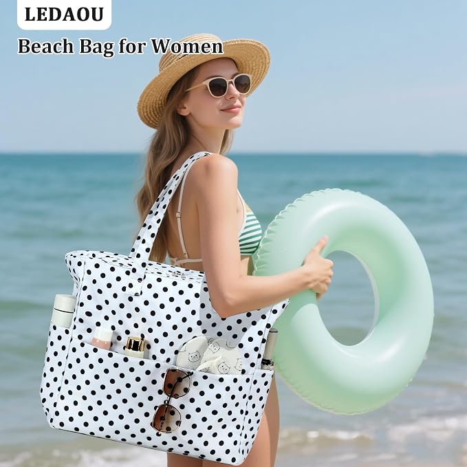 LEDAOU Large Beach Bag for Women, Waterproof Sandproof Tote Bag with Zipper | 36L Pool and Swim bag with Zipper, Wet/Dry pocket and 7 Pockets for Beach Days, Cruises, Vacations and Family travel - Image 4