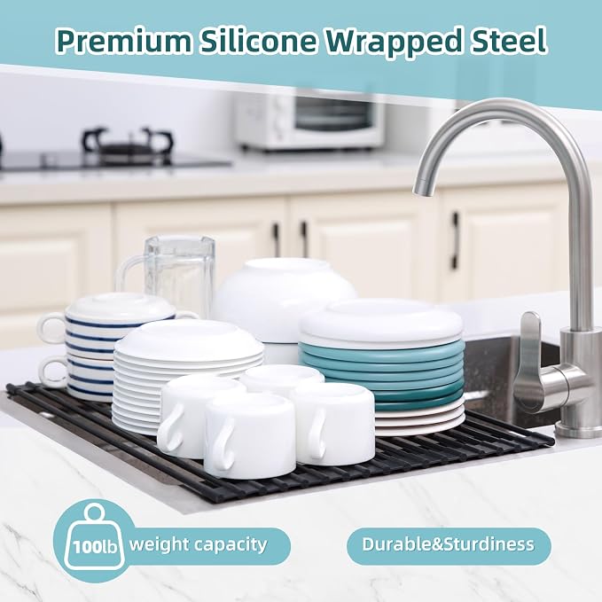 Ohuhu Roll Up Dish Racks, 16.5" L x 13" W Over The Sink Dish Drainer Drying Rack Kitchen Sink Organizer Silicone Wrapped Large in Sink Dish Drying Rack Foldable Rolling Drain Mats Anti-Slip - Image 8
