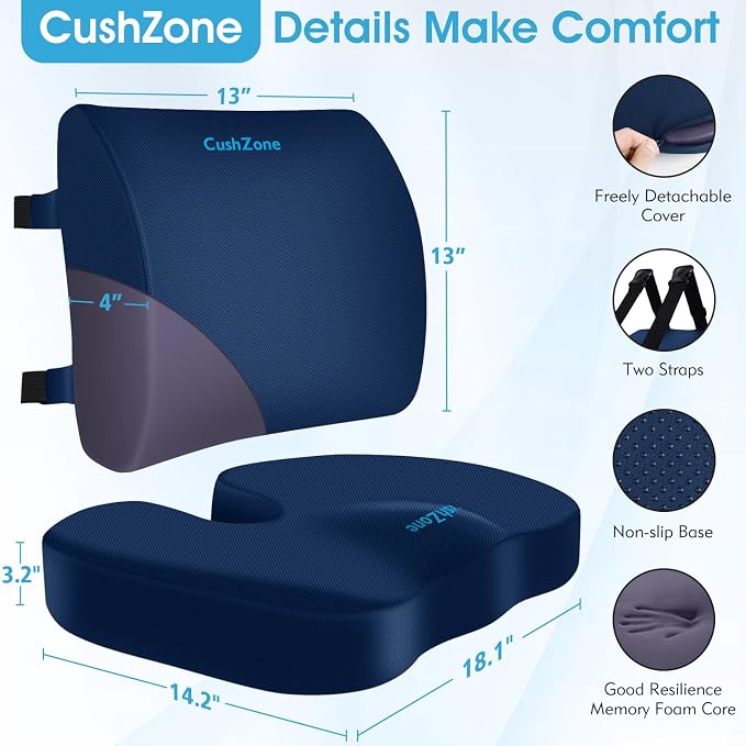 CushZone Seat Cushion and Lumbar Support Pillow for Office Chair, Blue | Ergonomic Memory Foam for Sciatica Pain Relief & Posture Correction, Non-Slip Chair Cushions for Car, Wheelchair and Travel - Image 3