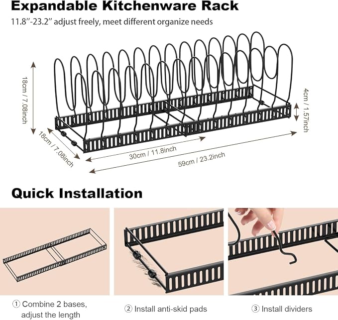 Housolution Pot and Pan Lid Organizer Holder Storage Rack, Black | 12"-23" Expandable, 14 Adjustable Dividers, Sturdy Metal Construction, Easy Assembly - Image 5