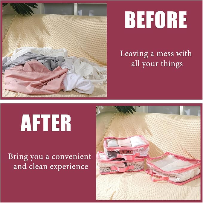6 Pieces Large Clear Travel Packing Cube Clear Vinyl Zippered Storage Bags See Through Moving Bag PVC Multipurpose Pouch with Handle for Suitcase Shirts Dress Storage (Pink,11.8 x 10.2 x 3.9 Inch) - Image 5