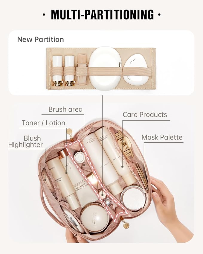 EACHY Travel Makeup Bag for Women, PU Leather Cosmetic Bag, Pink, Large | Water-resistant PU leather exterior with flat-open access, clear TPU brush compartment and organized storage for cosmetics - Image 2