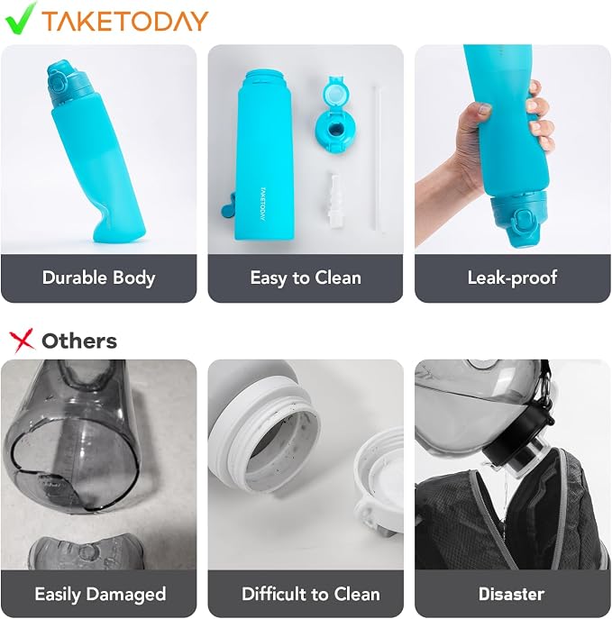 TakeToday Collapsible Water Bottles 32oz, Foldable Travel Water Bottle, BPA Free, Silicone Water Bottle Leakproof for Hiking, International Travel, Outdoors - Image 2